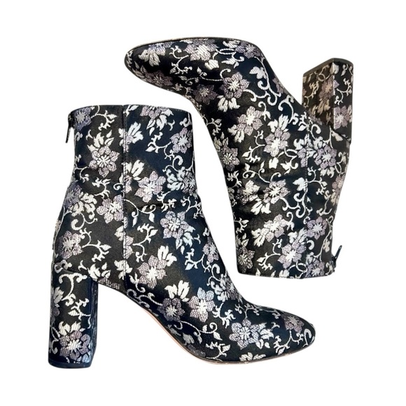 LEWIT 90s Y2K Lanzo Metallic Brocade Floral Ankle Boot Black Silver 38.5 us 7.5 - Picture 1 of 14